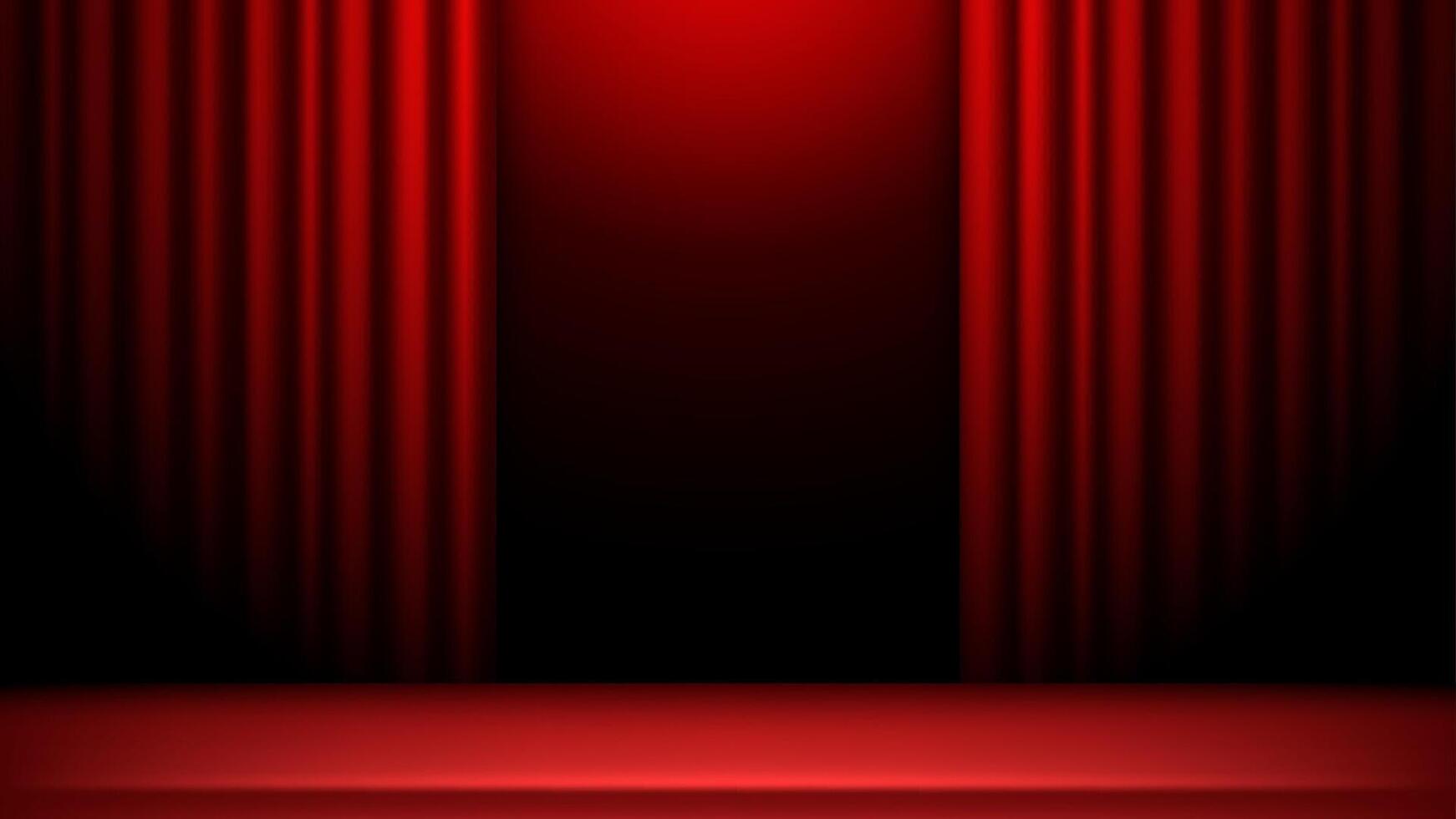 Realistic open red curtain stage theatre background with lights vector