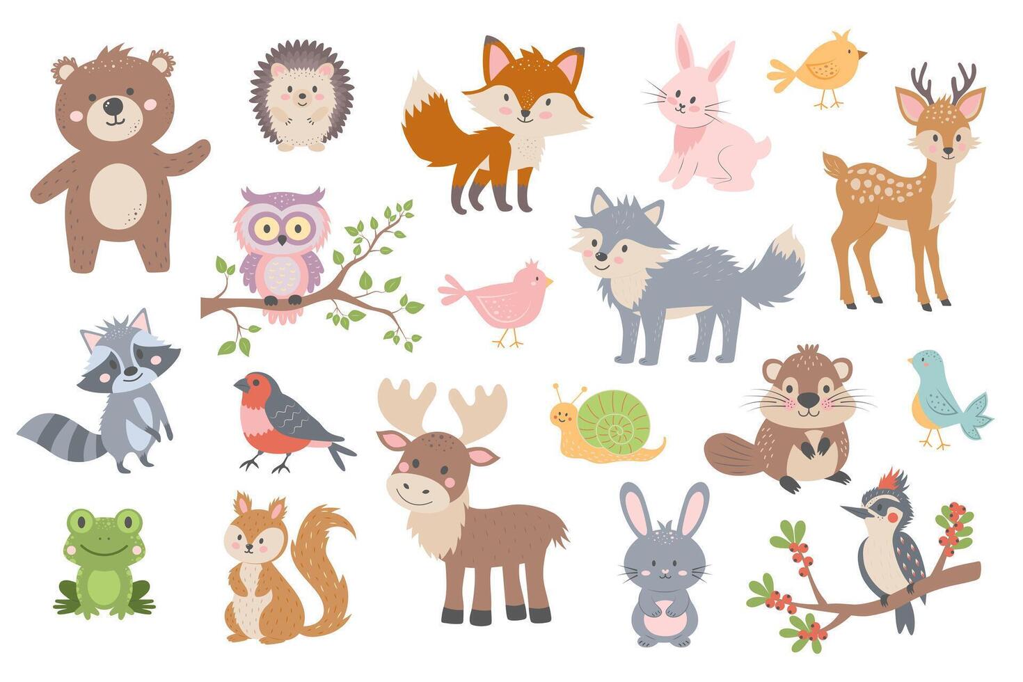 Cute woodland forest animals in cartoon style. Baby art for nursery design and prints. vector