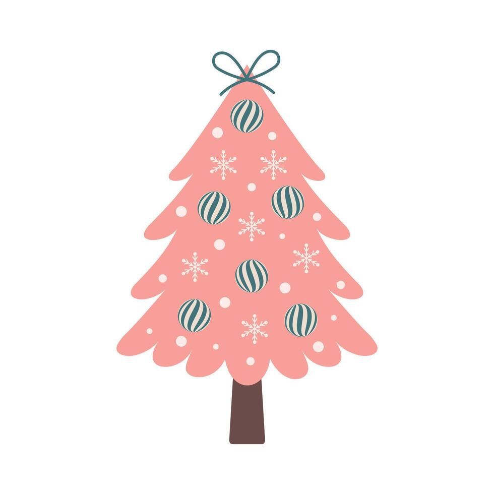 Christmas tree with baubles and garland isolated on white background. Nursery art and Scandinavian style. vector