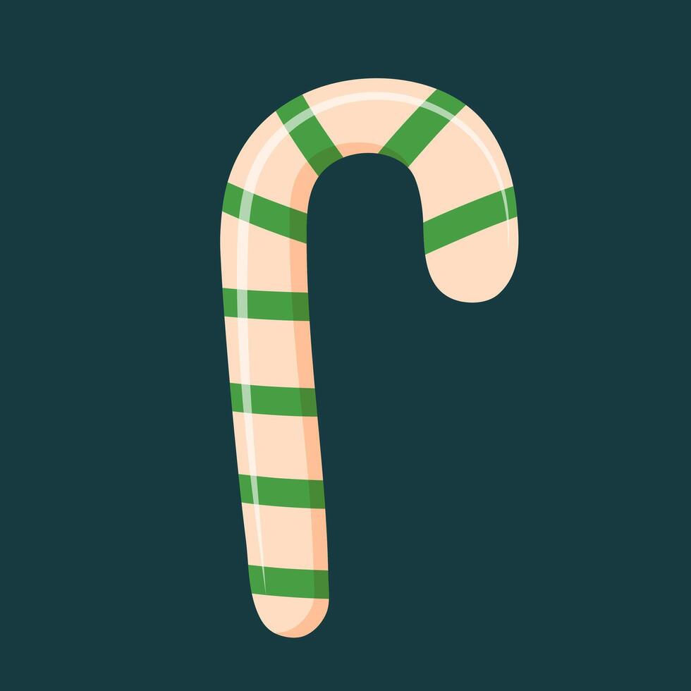 Christmas candy cane with green stripes isolated on dark background. vector