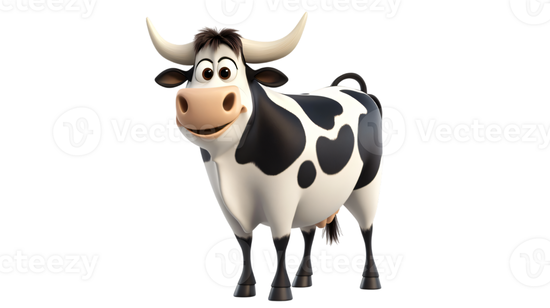 Cheerful Cartoon Cow Farm Animal 3D Render Happy Bull Black and White Spots png