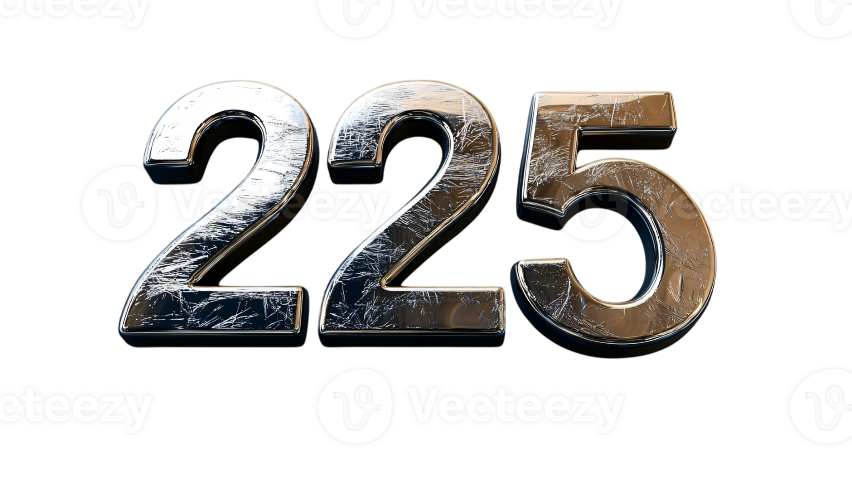 Chrome Number 225 3D Render Metallic Scratched Texture Digit Numbering Count png