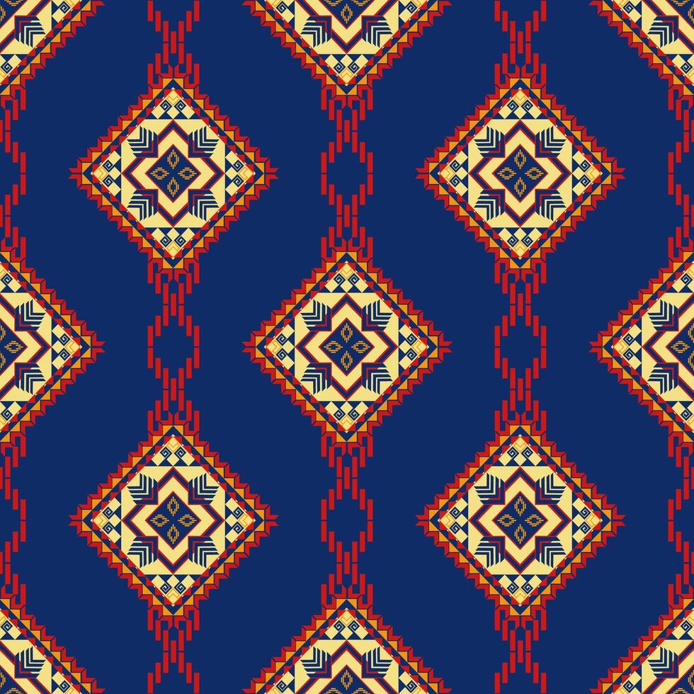 Colorful geometric pattern with diamonds and intricate designs on navy background, showcasing vibrant colors and symmetry vector