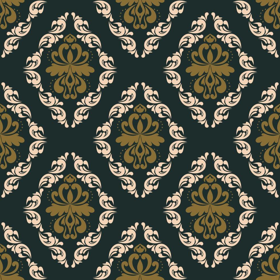 Elegant damask pattern featuring intricate floral designs in gold and cream on dark background, perfect for textiles and wallpapers vector