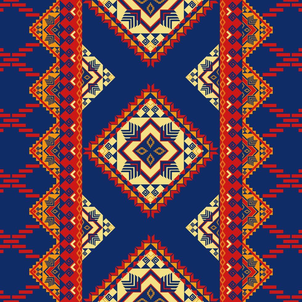 Vibrant geometric pattern featuring bold colors and intricate designs, ideal for textiles or wallpapers. rich blue background enhances striking red and yellow motifs vector