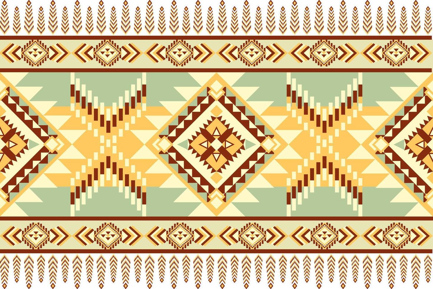 Geometric pattern featuring diamonds and arrows in earthy tones, ideal for textiles or backgrounds. design showcases blend of shapes and colors, creating vibrant visual appeal vector