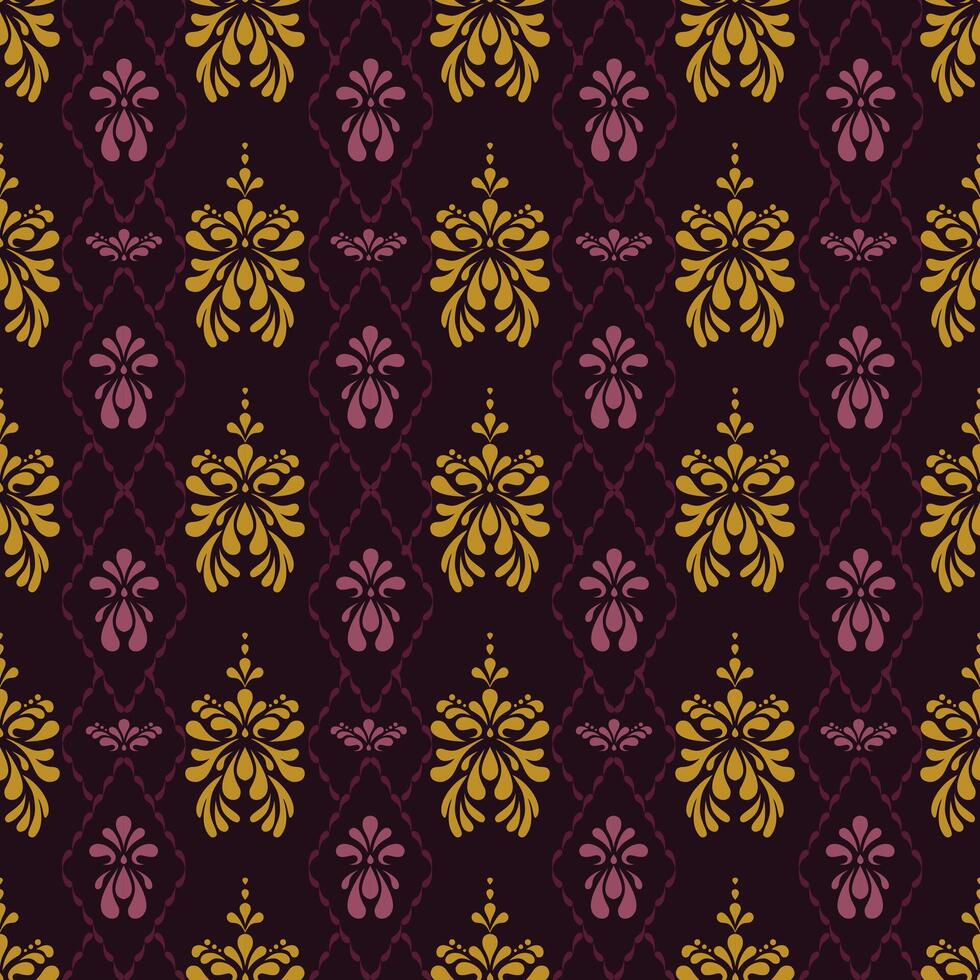 Elegant damask pattern featuring yellow and purple floral motifs on dark background, perfect for textiles and wallpapers vector
