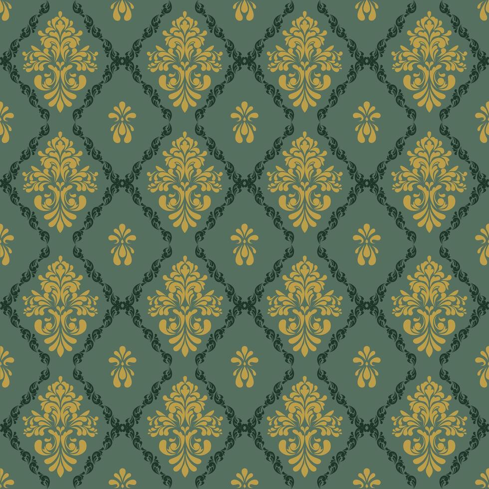 Elegant damask pattern featuring yellow floral motifs on green background, perfect for textiles and wallpapers vector