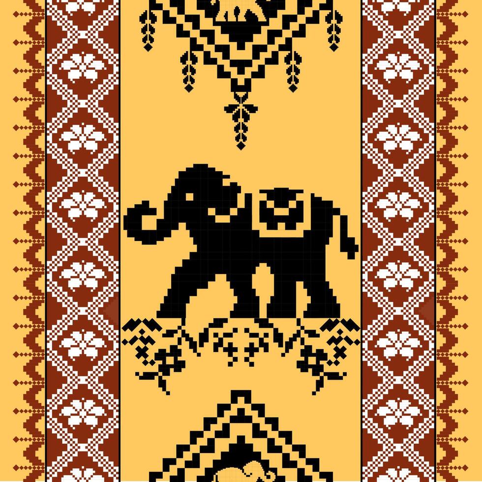 decorative pattern featuring stylized elephant design in black on yellow background, surrounded by intricate geometric motifs and floral elements. artwork evokes sense of cultural heritage and vector