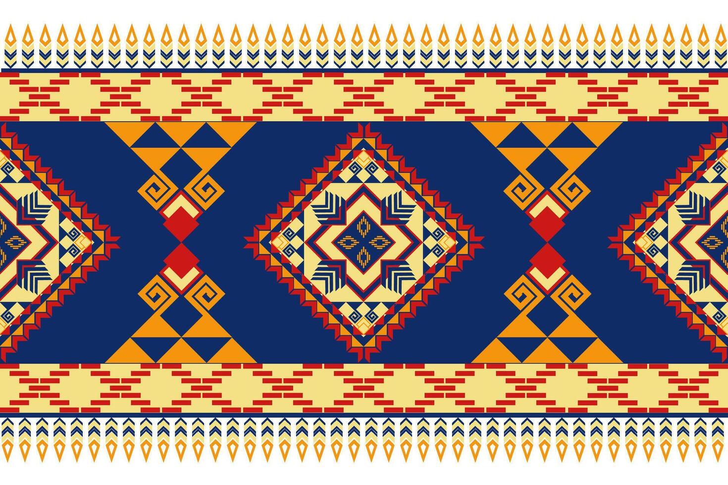 Colorful geometric pattern with diamonds and triangles in blue, red, and yellow tones, showcasing intricate designs and cultural motifs vector