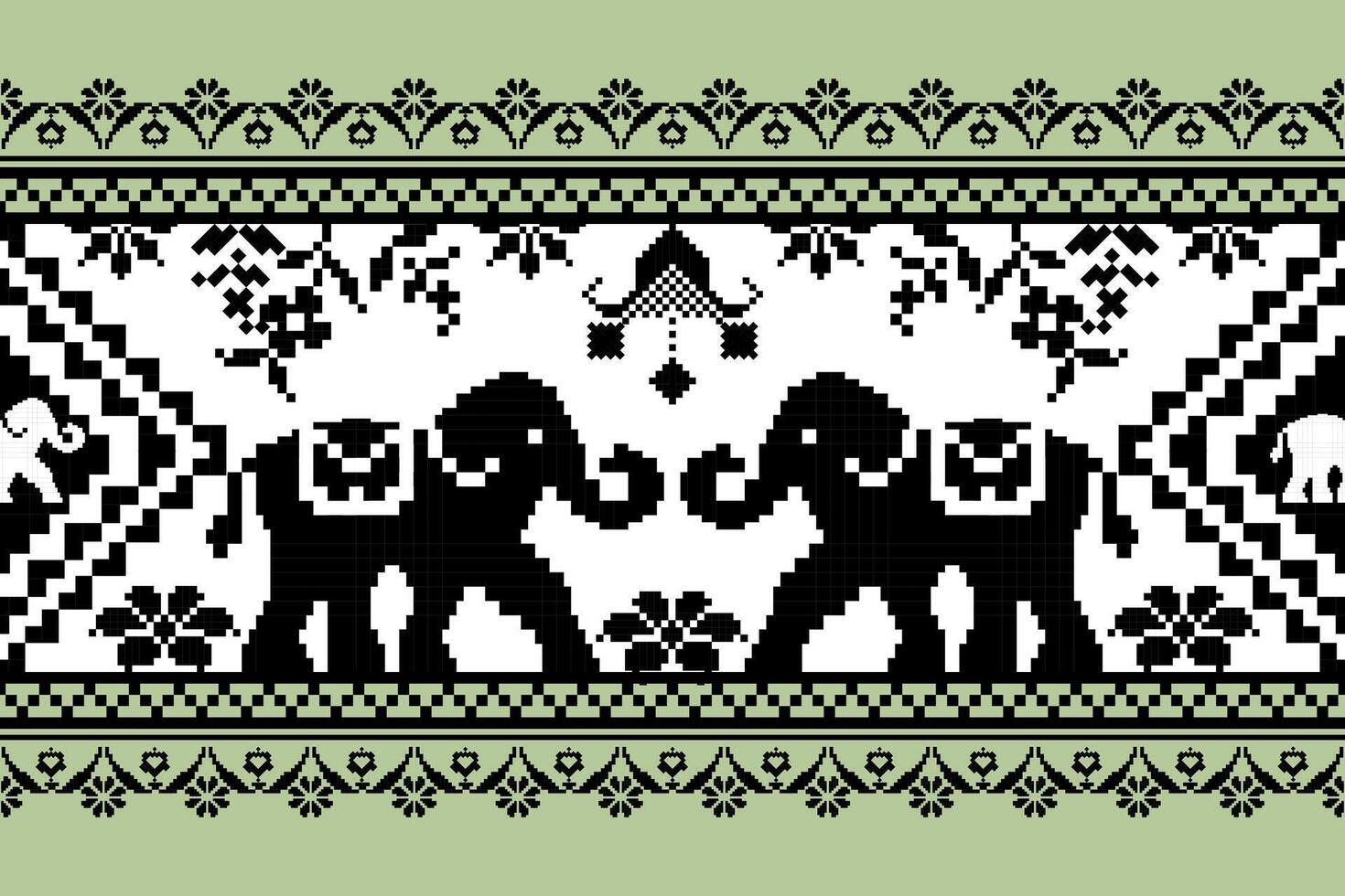 decorative pattern featuring two black elephants on light green background, surrounded by floral designs and geometric shapes, creating harmonious and artistic look vector