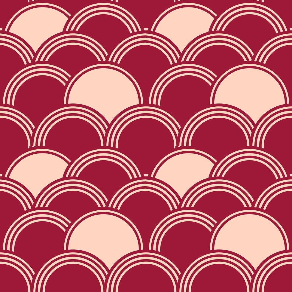 Elegant maroon and cream pattern featuring overlapping circular shapes, creating harmonious wave effect. Ideal for textiles, wallpapers, and modern design projects vector