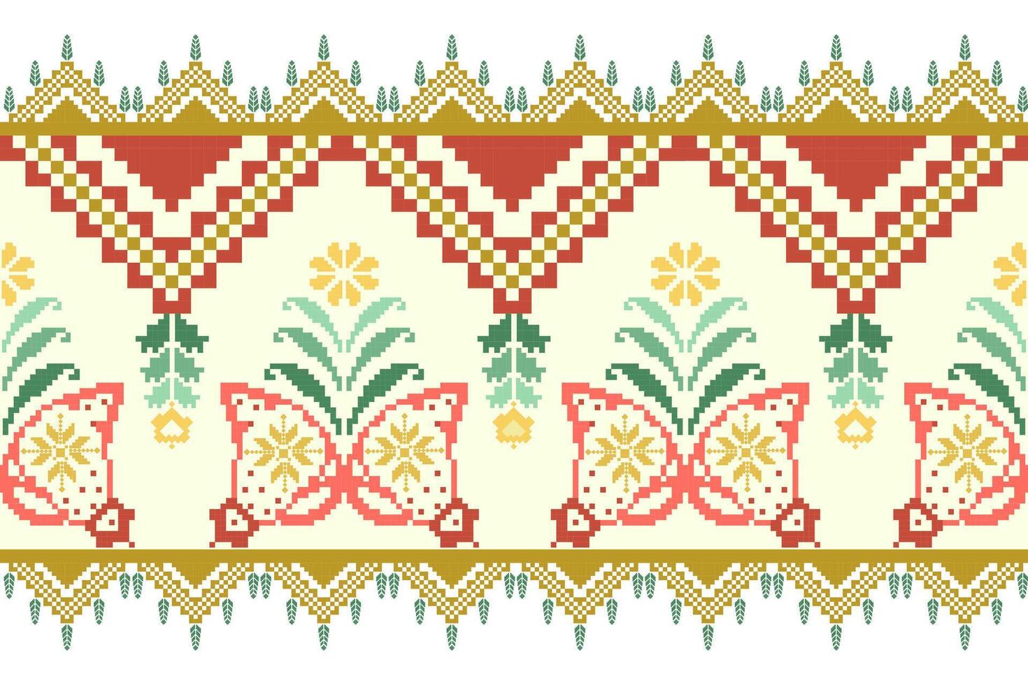 Colorful pixel art pattern featuring butterflies and floral designs, perfect for textiles or wallpapers. intricate details create vibrant and cheerful atmosphere vector