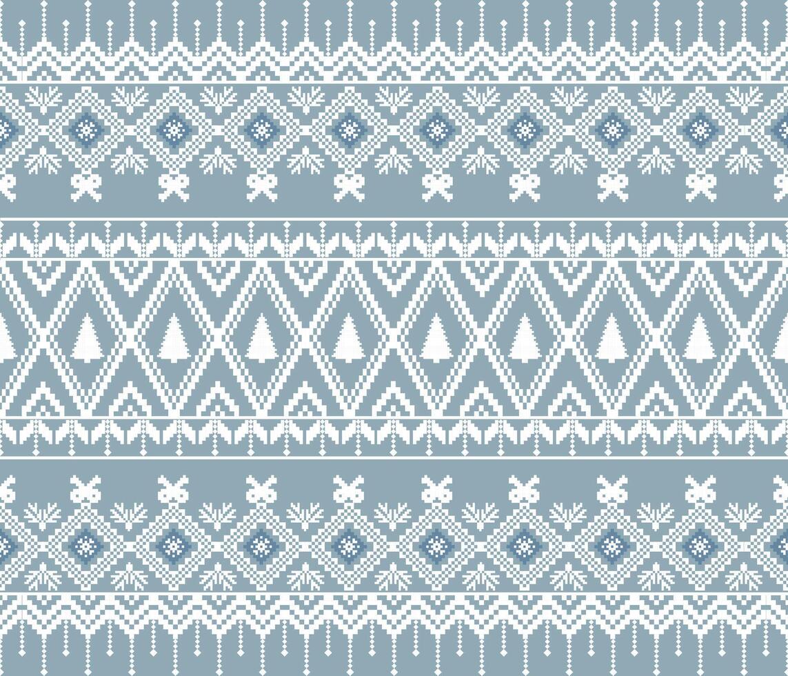 Cozy winter pattern featuring geometric shapes, trees, and bows in blue and white. Perfect for festive designs and textiles vector
