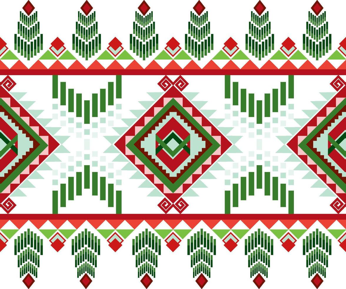 Geometric pattern featuring red and green shapes, trees, and diamonds, creating festive and vibrant design vector