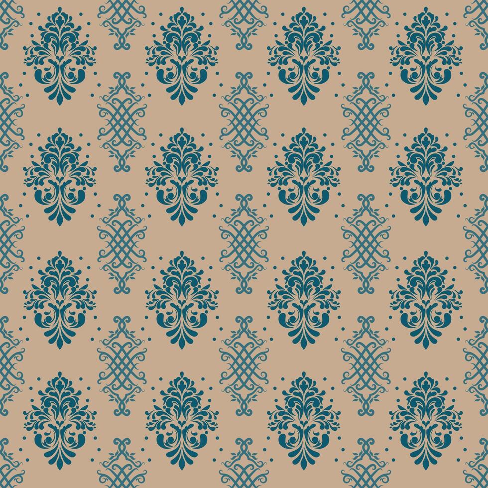 Elegant damask pattern in teal on soft peach background, perfect for textiles and wallpapers vector