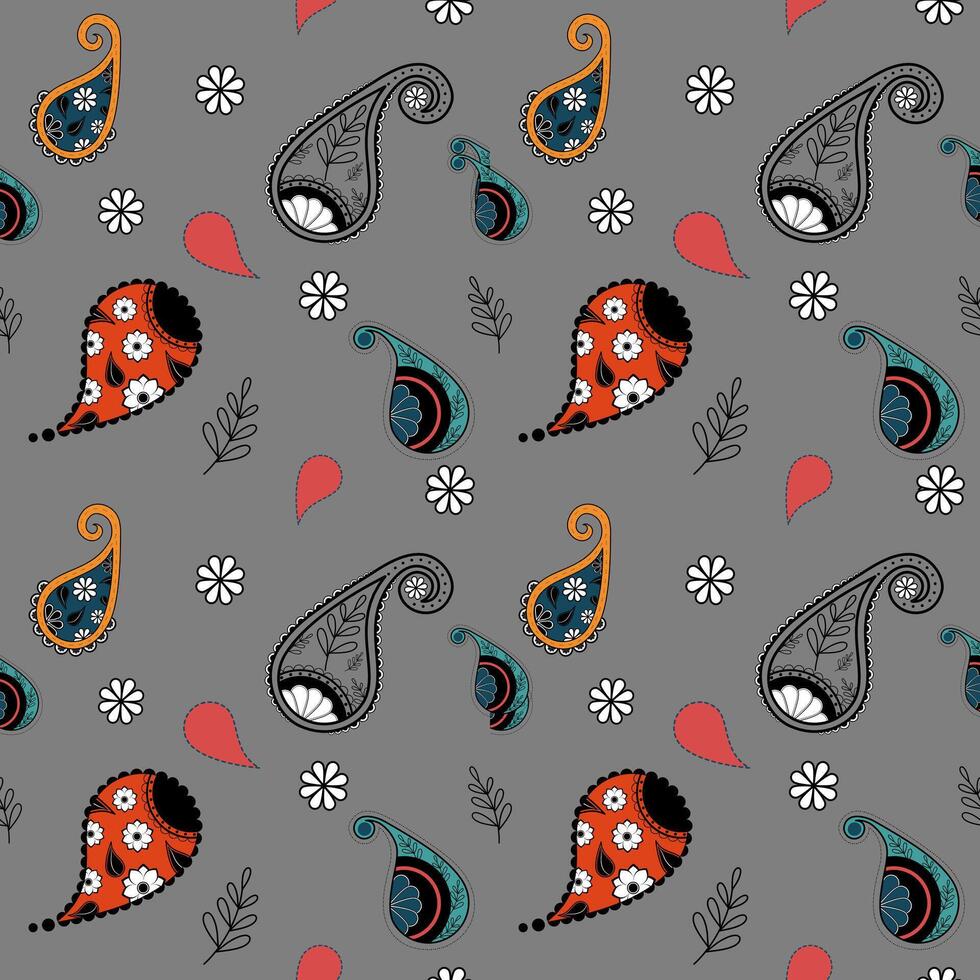 Colorful paisley pattern with floral elements on gray background, creating vibrant and lively design vector
