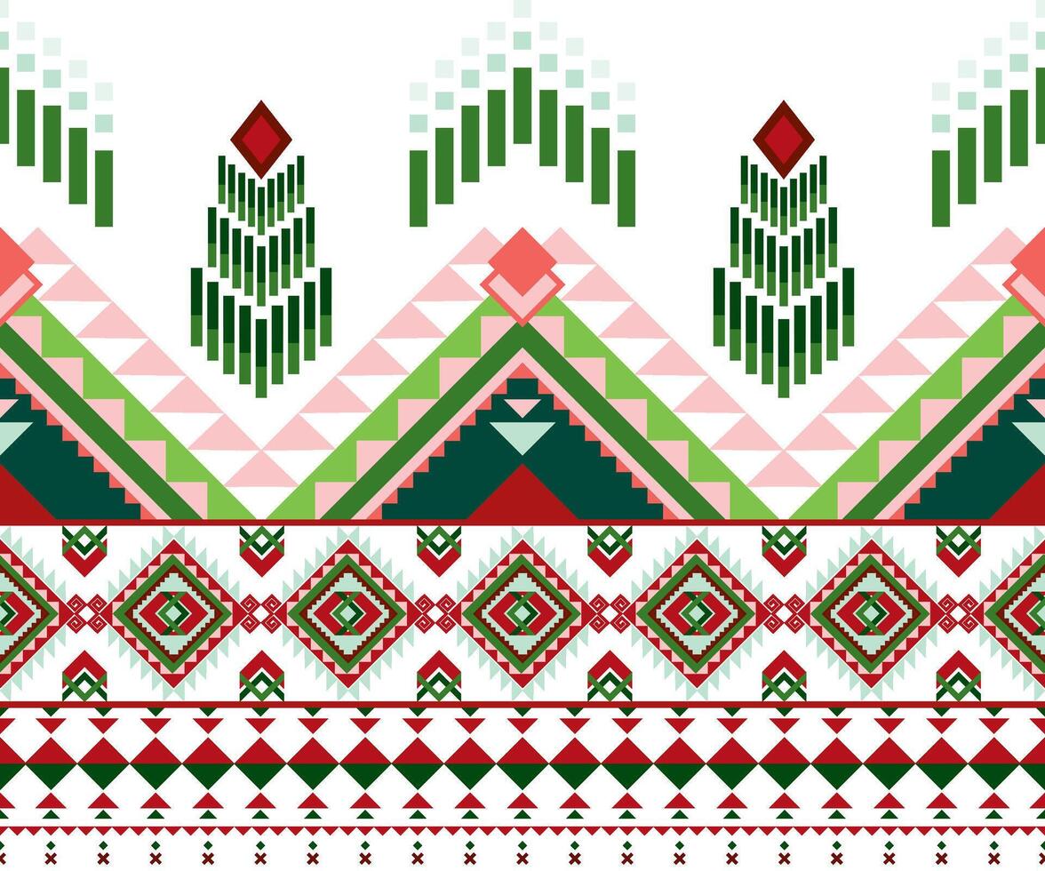 Vibrant geometric pattern featuring red, green, and pink shapes, creating festive design. Perfect for textiles or wallpapers vector