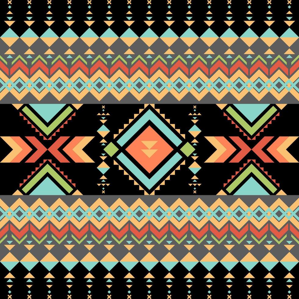 Colorful geometric pattern with tribal motifs and vibrant shapes. This design features mix of diamonds, triangles, and arrows in shades of orange, green, and blue against black background, creating vector