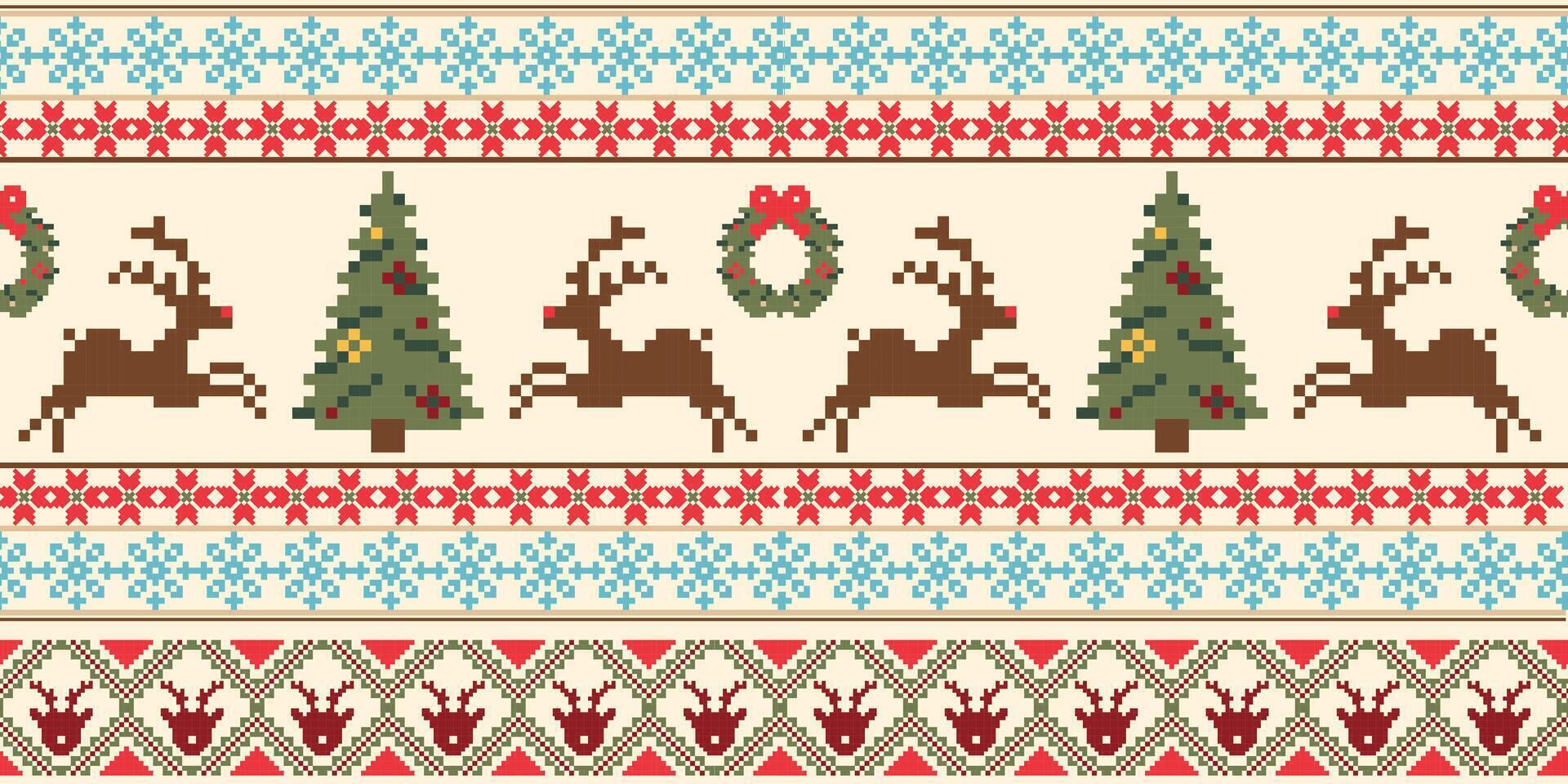 Festive Christmas pattern featuring reindeer, trees, and wreaths in pixel art style. Perfect for holiday decorations and seasonal crafts vector