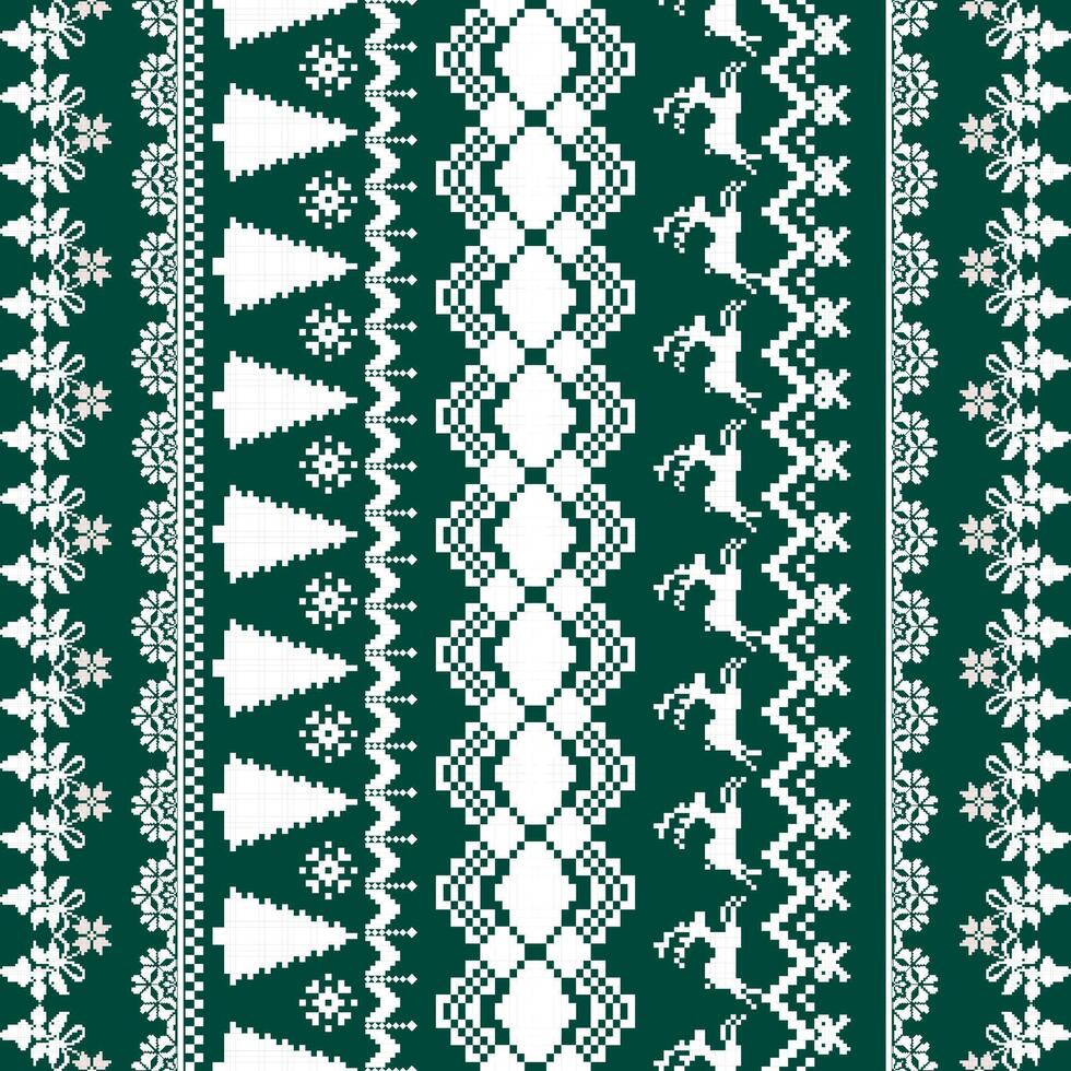 festive green and white pattern featuring geometric shapes, trees, and reindeer, perfect for holiday decorations and textiles vector