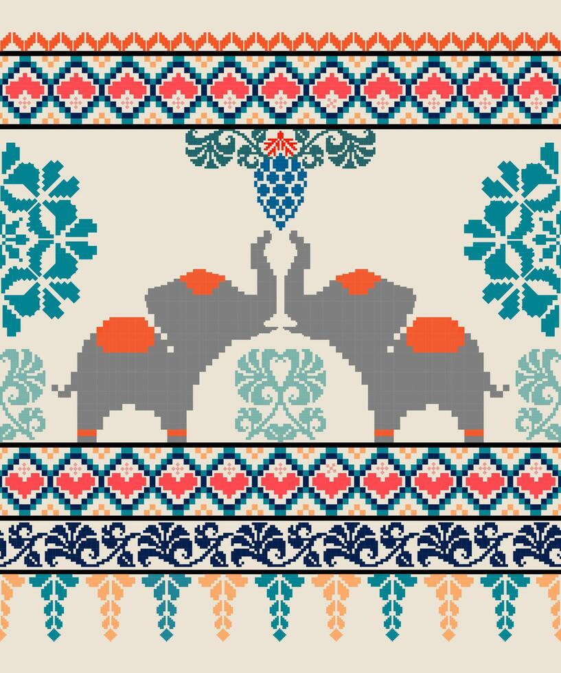 Elephants in decorative pattern with vibrant colors and intricate designs. This artwork features two elephants facing each other, surrounded by floral motifs and geometric shapes, creating harmonious vector