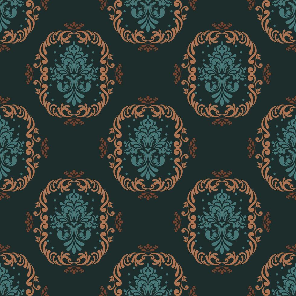 Elegant damask pattern featuring intricate floral designs in teal and orange on dark background, perfect for textiles and wallpapers vector