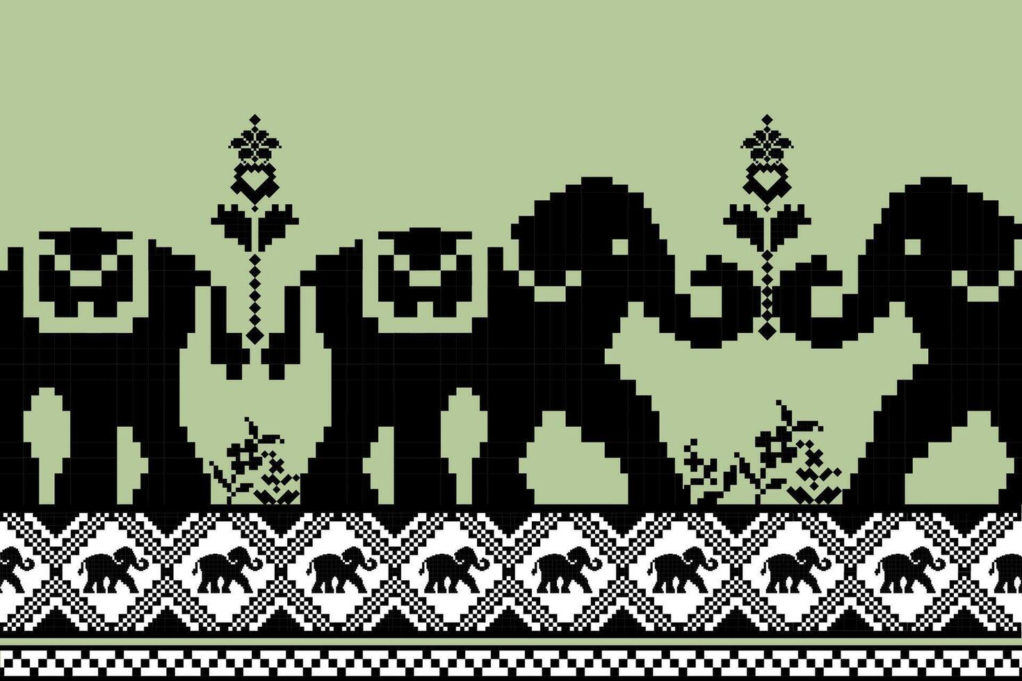 pixel art design featuring stylized elephants and floral patterns, showcasing unique blend of nature and creativity. black and white elements contrast against soft green background, creating striking vector