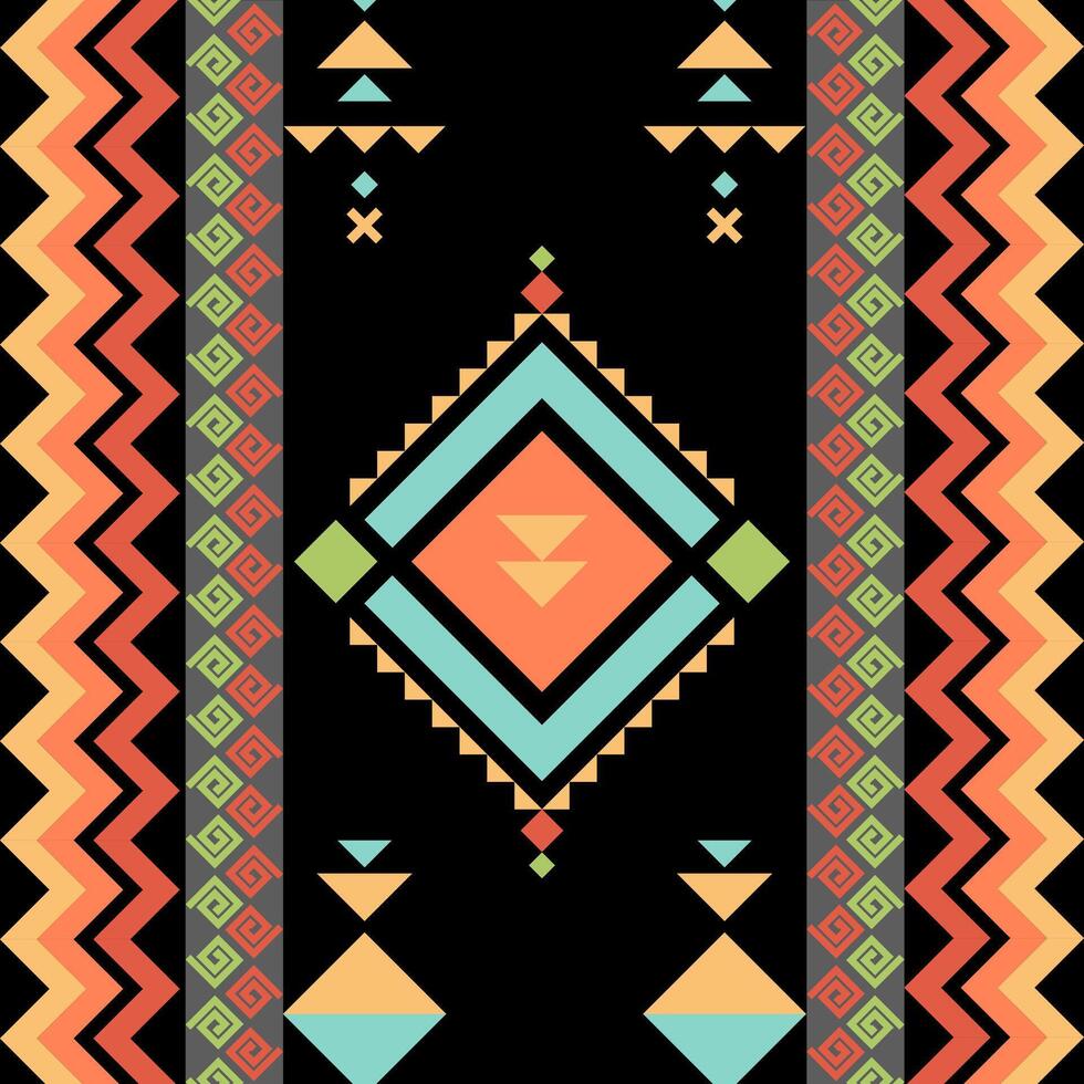 Colorful geometric pattern with tribal motifs and vibrant shapes. design features diamonds, triangles, and zigzag lines in harmonious arrangement vector