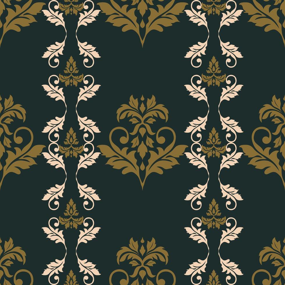 Elegant damask pattern featuring intricate floral designs in gold and cream on dark green background, perfect for textiles and wallpapers vector