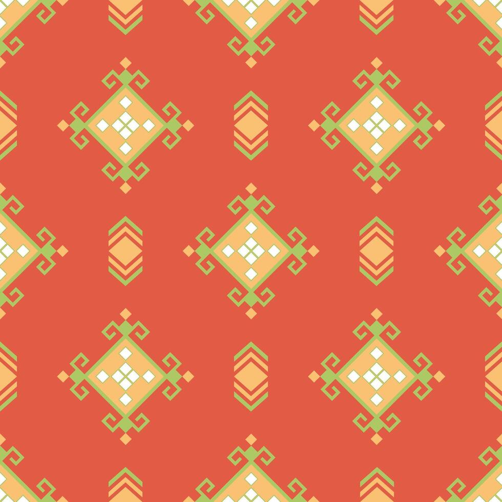 Geometric pattern with orange background and intricate designs in yellow and green, creating vibrant and lively atmosphere vector