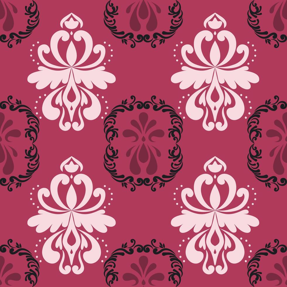 Elegant damask pattern featuring floral motifs in pink and burgundy tones vector