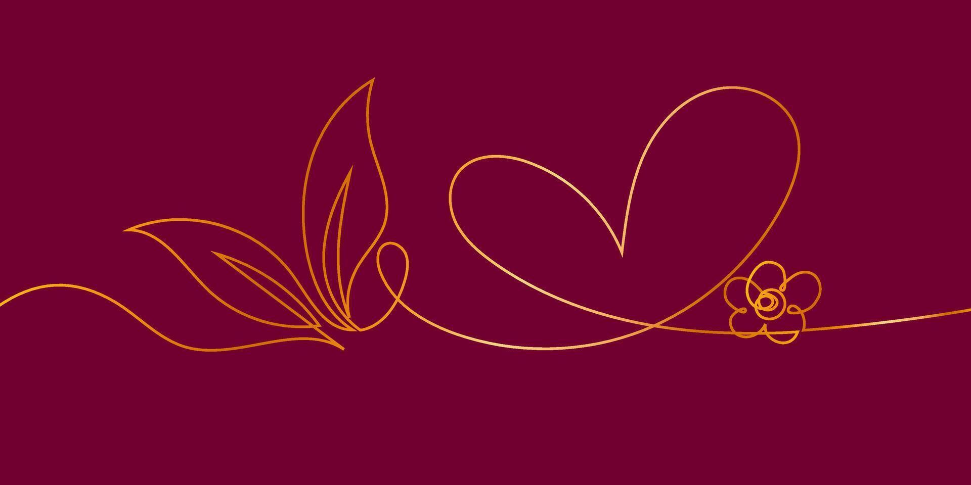 One Line Continuous of a Simple Heart with A Flower and Leaves in Gold Colors. Abstract love background. Perfect for Elegant presentations, invitations, greeting cards, banner, web vector