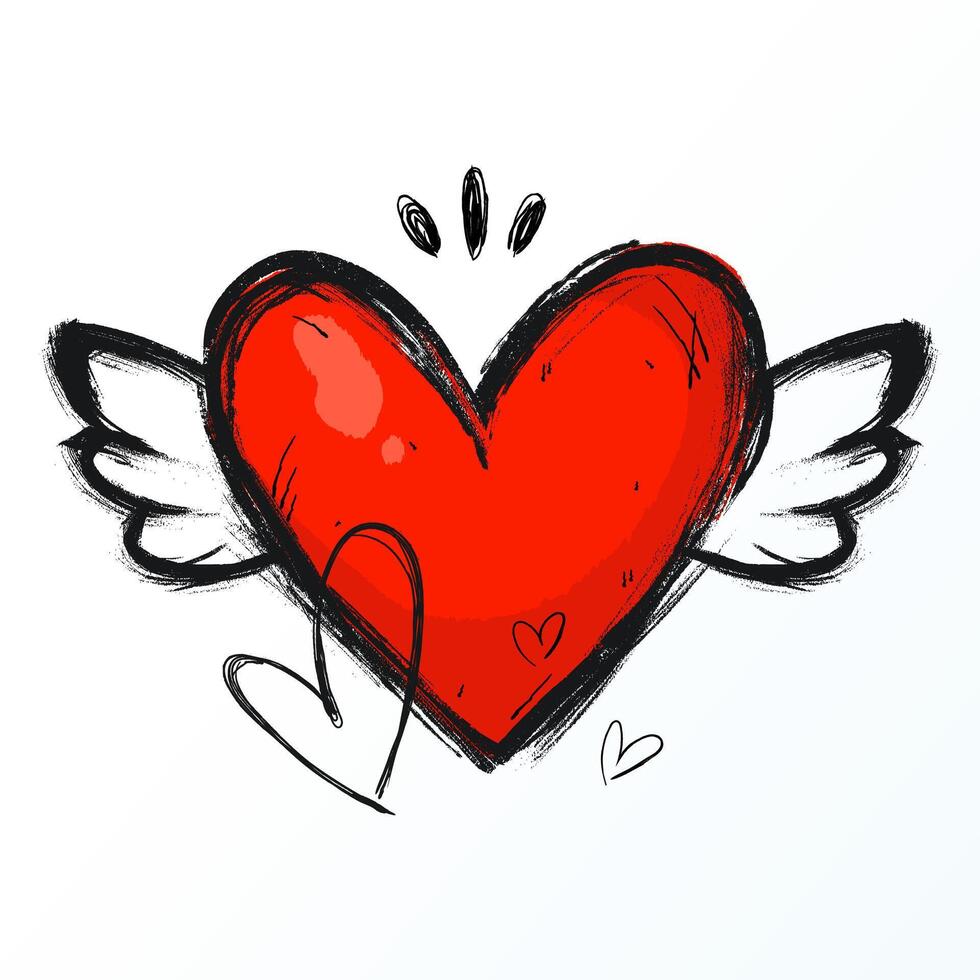 Grunge Icon Heart with Angel Wings. Cute doodle love sign isolated on red background. Scribble heart shape with simple decorations drawn with markers and crayons vector