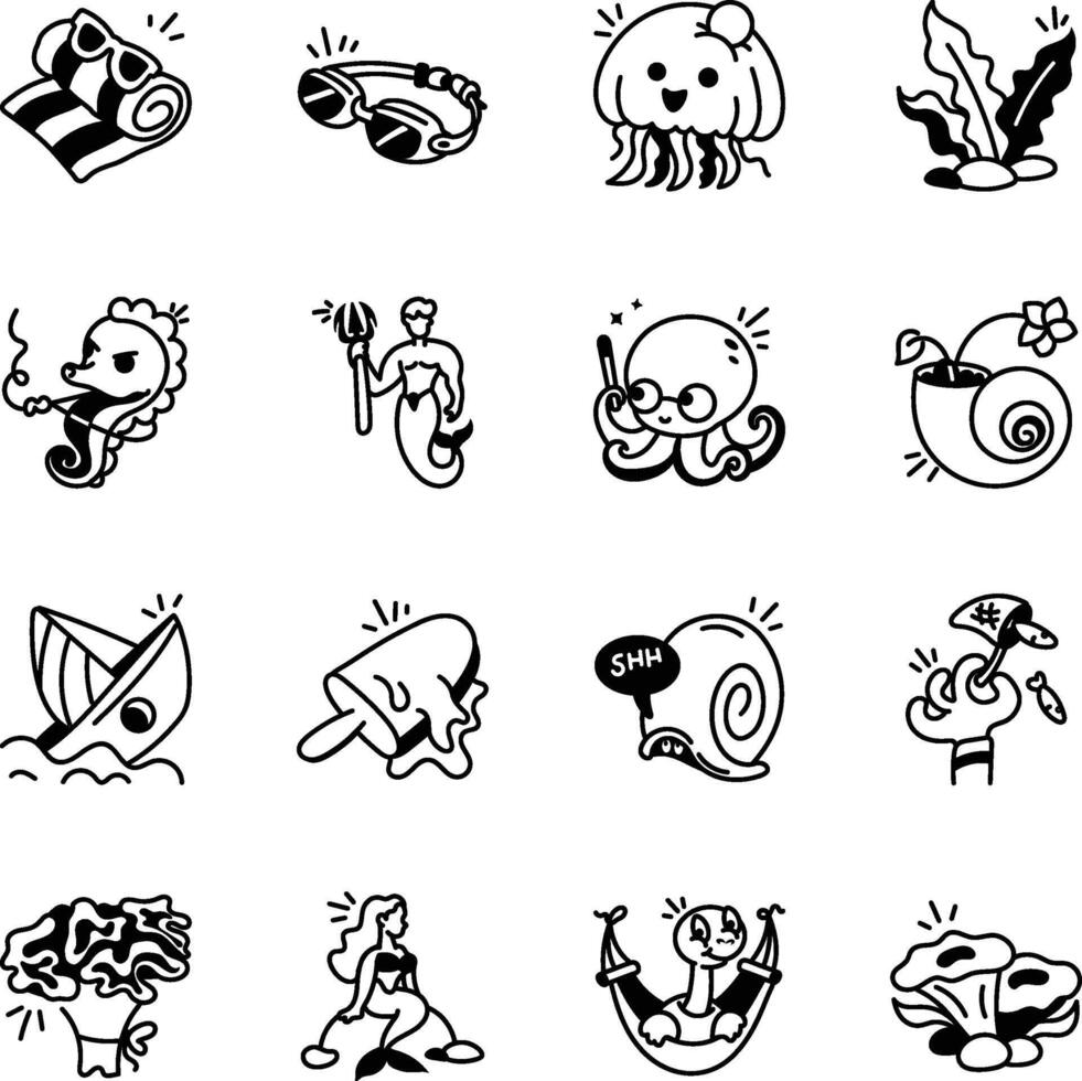 Collection of Hand Drawn Ocean Icons vector