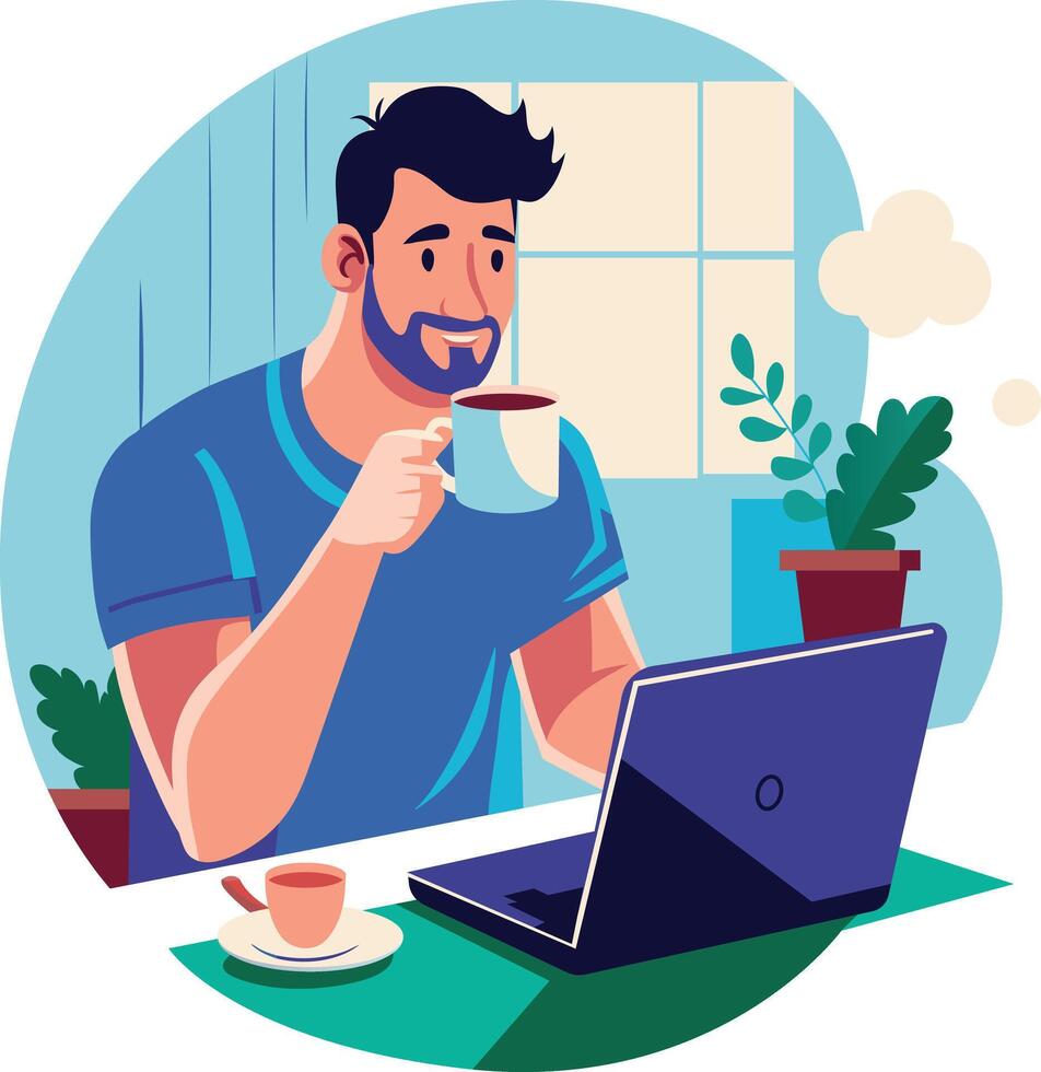 A man taking coffee break during work, flat illustration vector