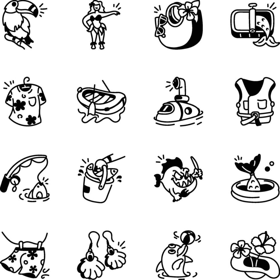 Set of Beach Holidays Doodle Style Icons vector