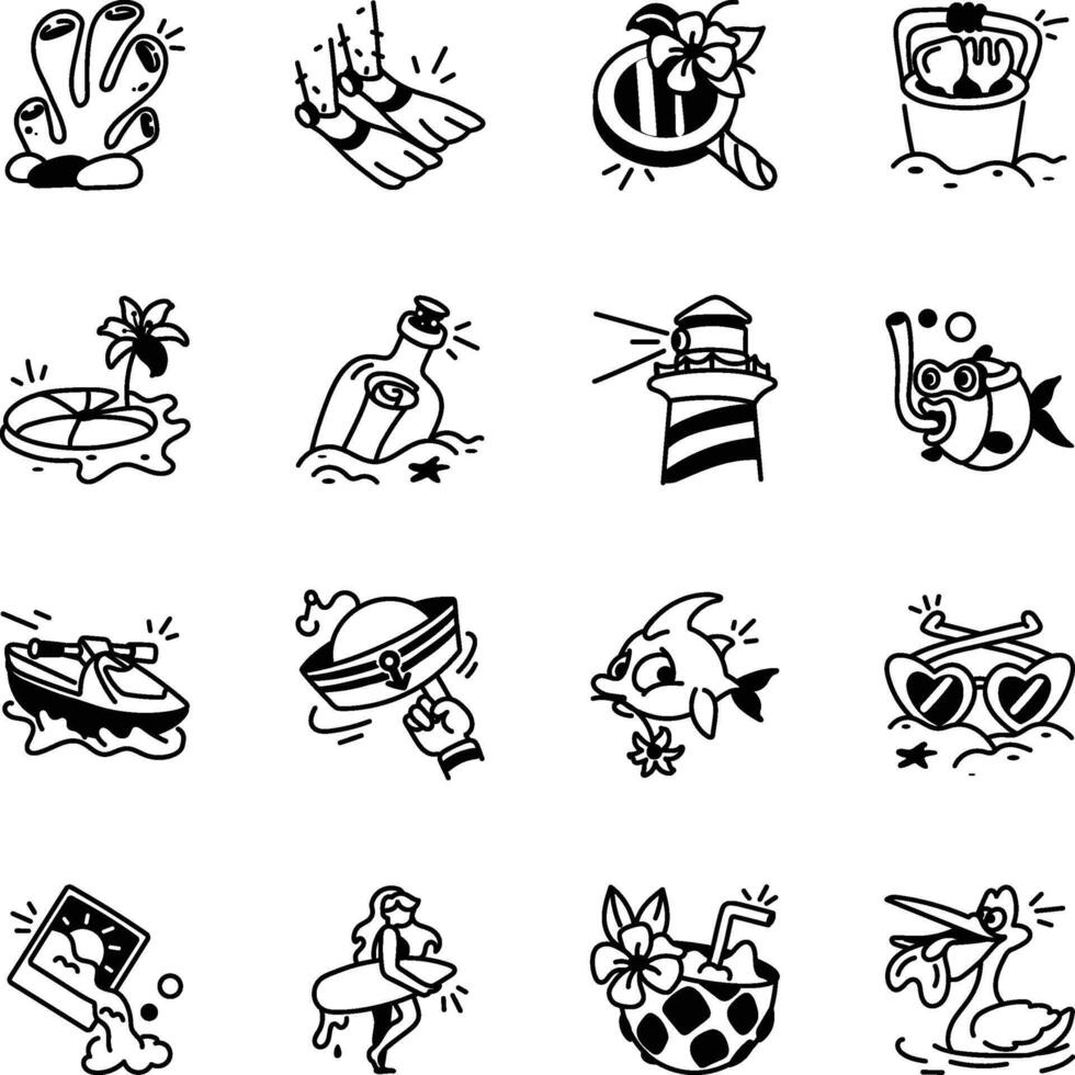 Collection of Doodle Style Summer Holidays Icons vector