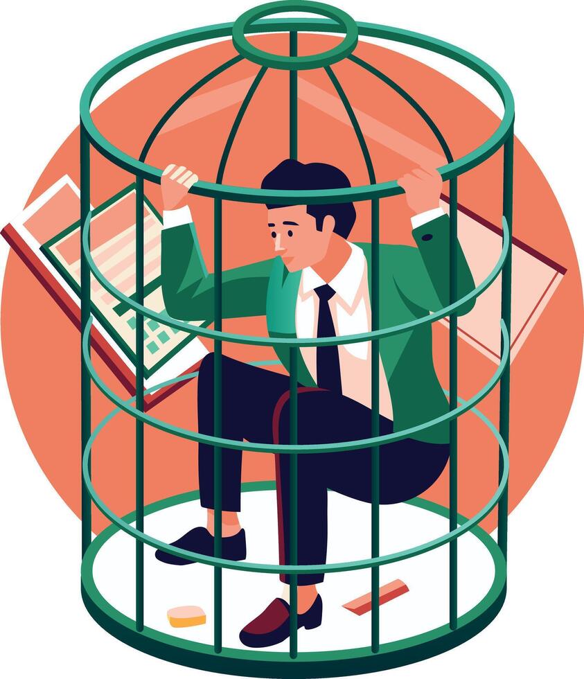 Employee stuck in an office cage, flat illustration vector