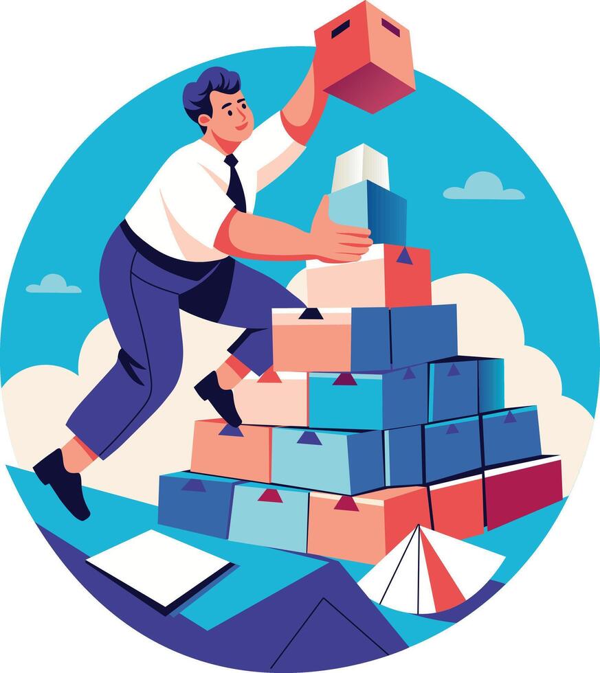 A flat illustration of a man making work pyramid vector