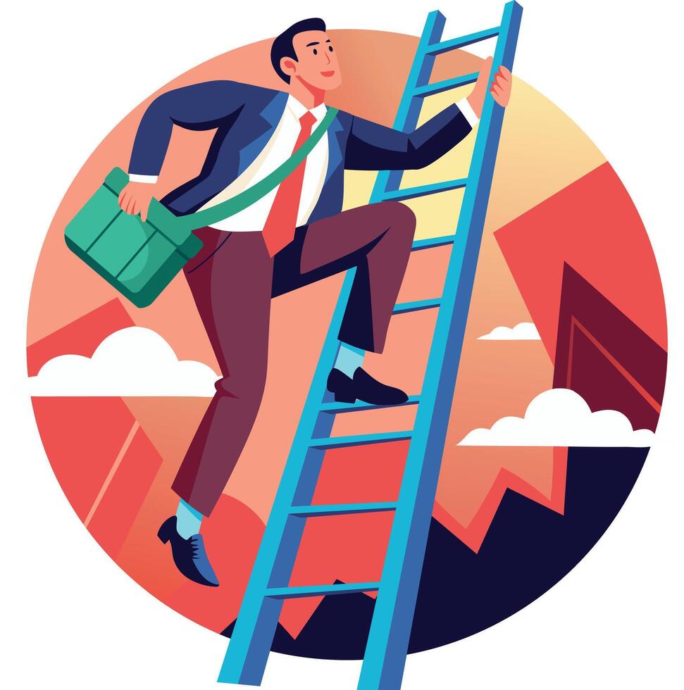 Ambitious employee climbing a ladder, flat illustration vector