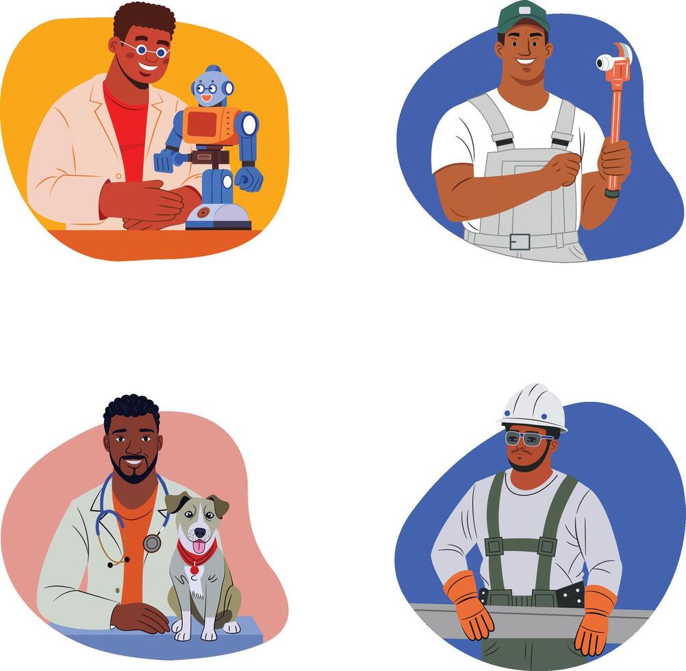 Set of 16 Professions Flat Style Illustrations vector