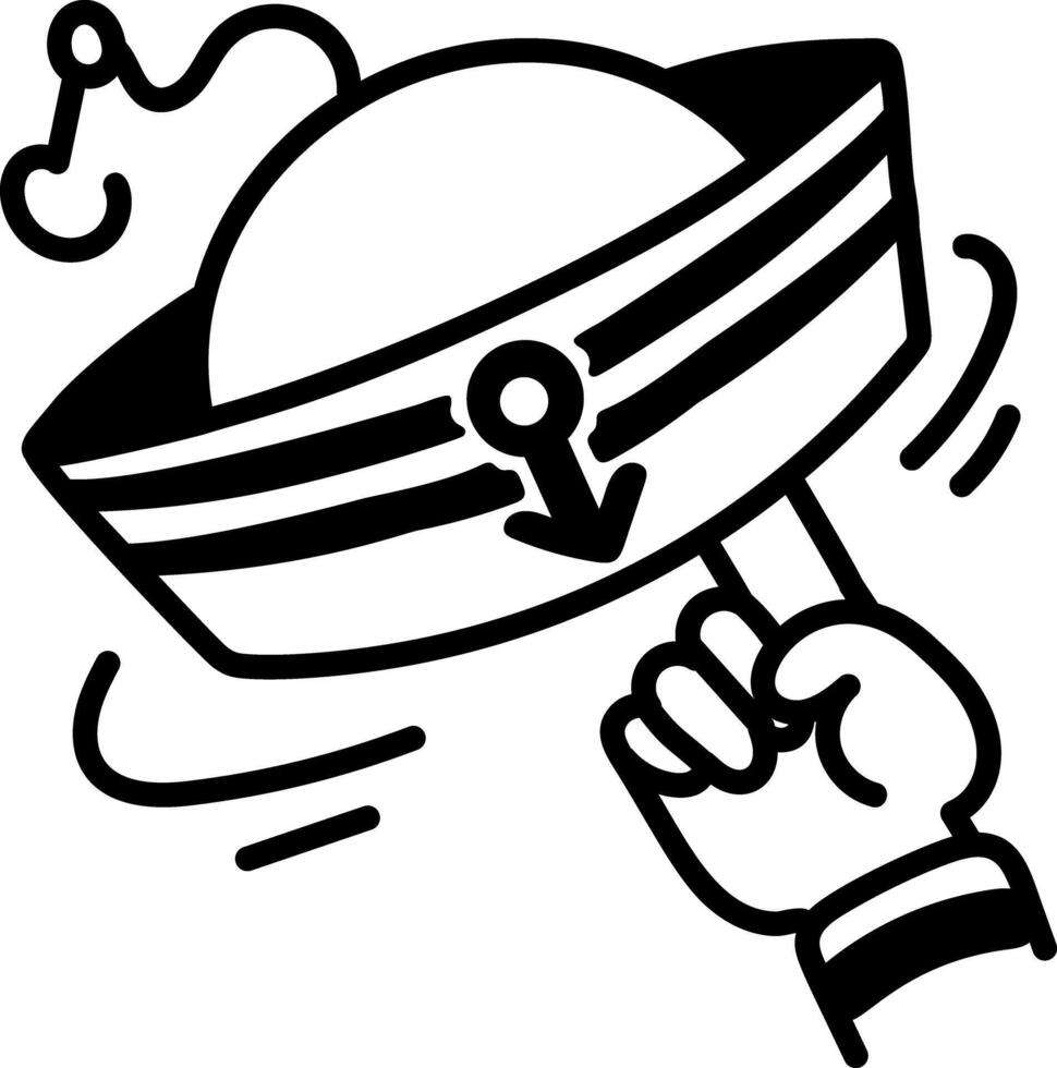 Captain hat spinning on a finger icon in hand drawn style vector