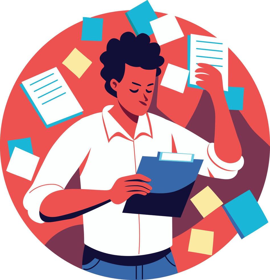 A person with many sticky notes, flat illustration vector