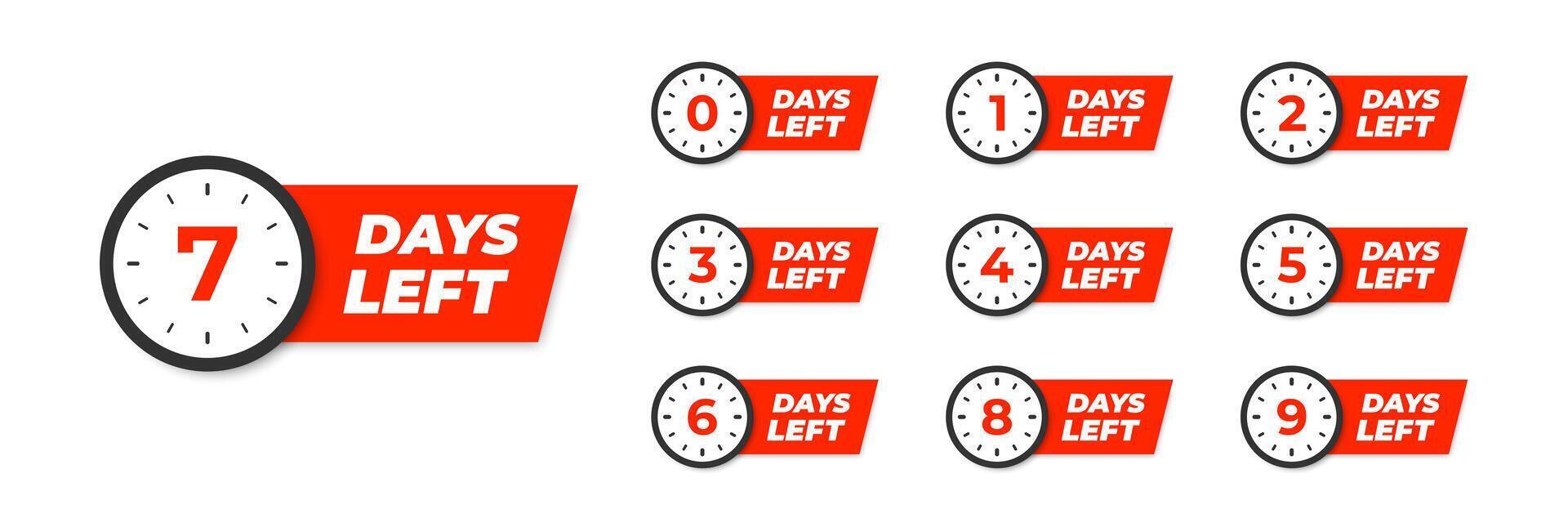 Days left. Countdown time 1, 2, 3, 4, 5, 6, 7, 8, 9, 0. Number go down. vector