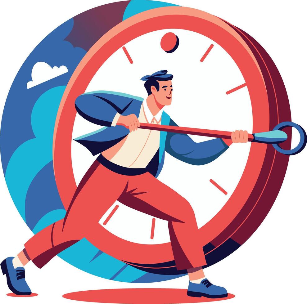 A flat illustration of a man trying to stop time vector