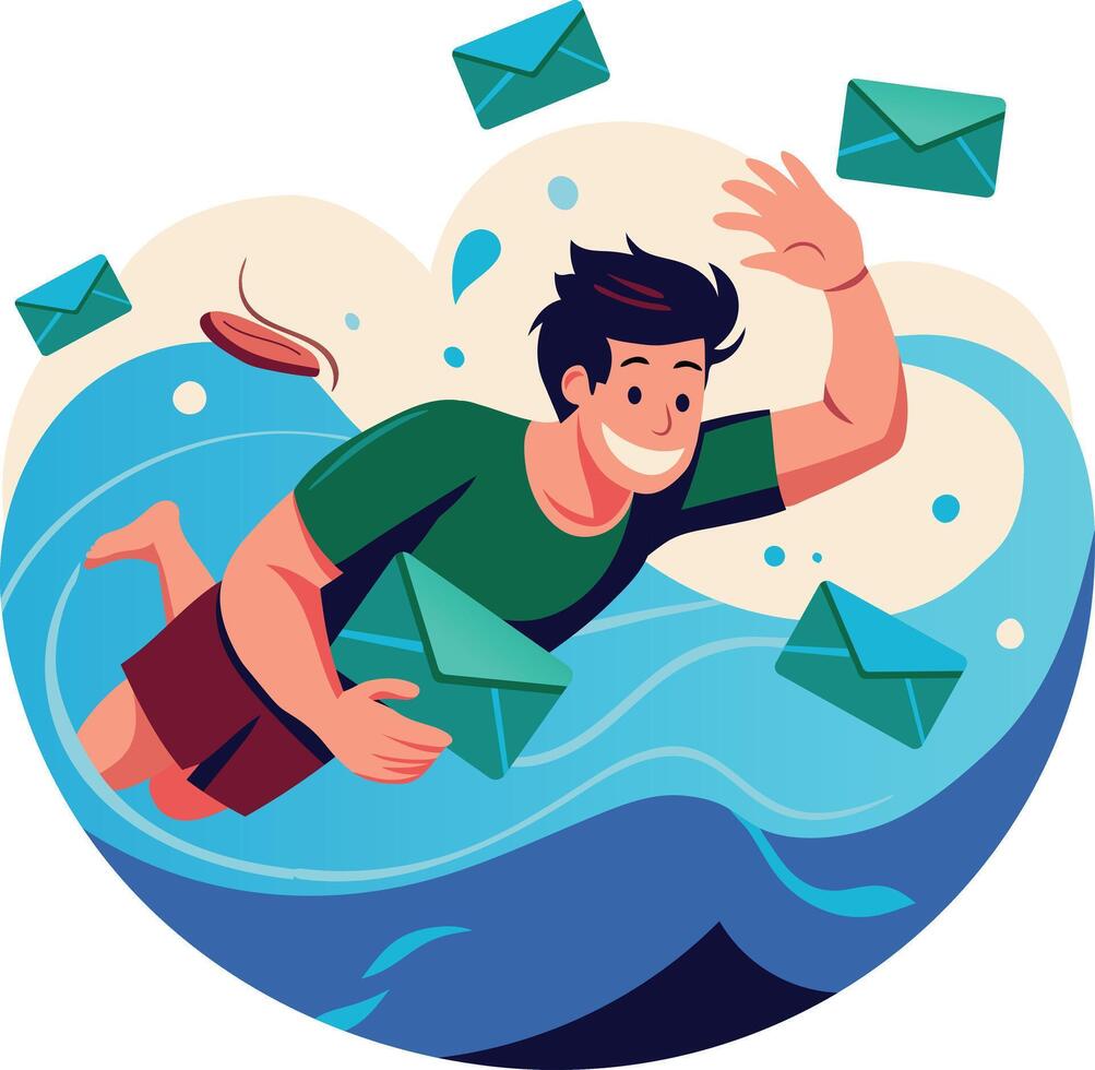 A flat illustration of a man swimming in water with many emails vector