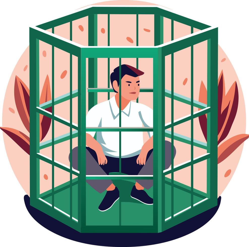 A flat illustration of an employee stuck in a cage vector
