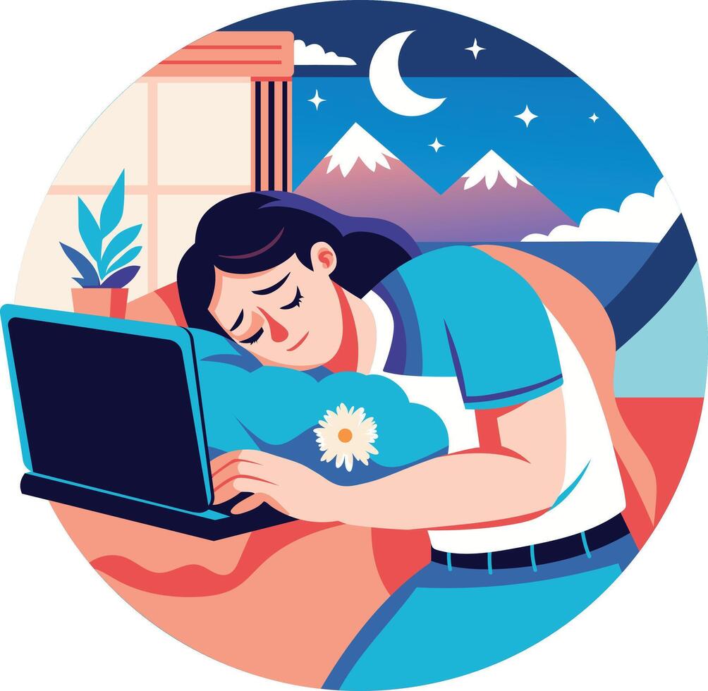 Exhausted person sleeping while working, flat illustration vector