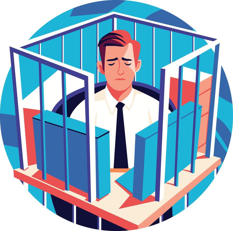 A flat illustration of an employee trapped in an office cell vector